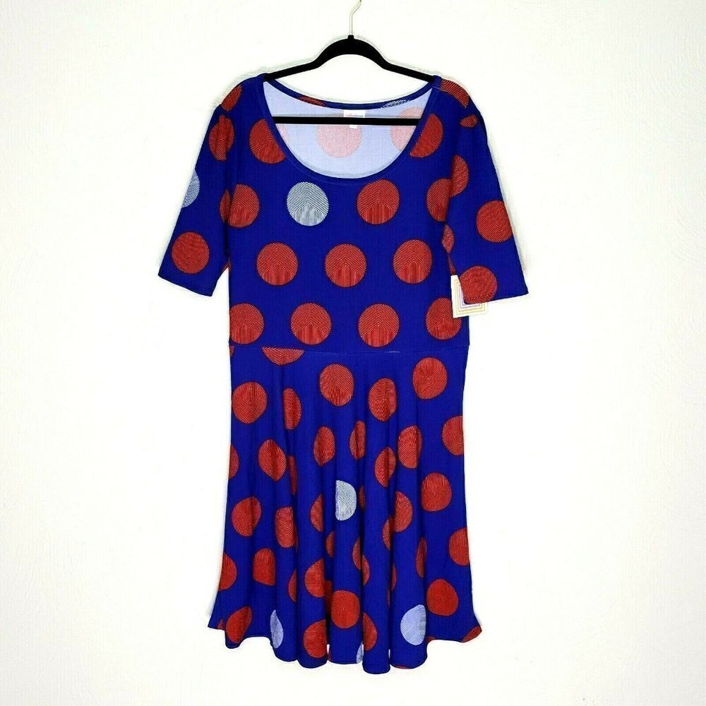 LuLaRoe Nicole Dress Size 3XL Large Polka Dots Blue Red White Circle Skirt New
